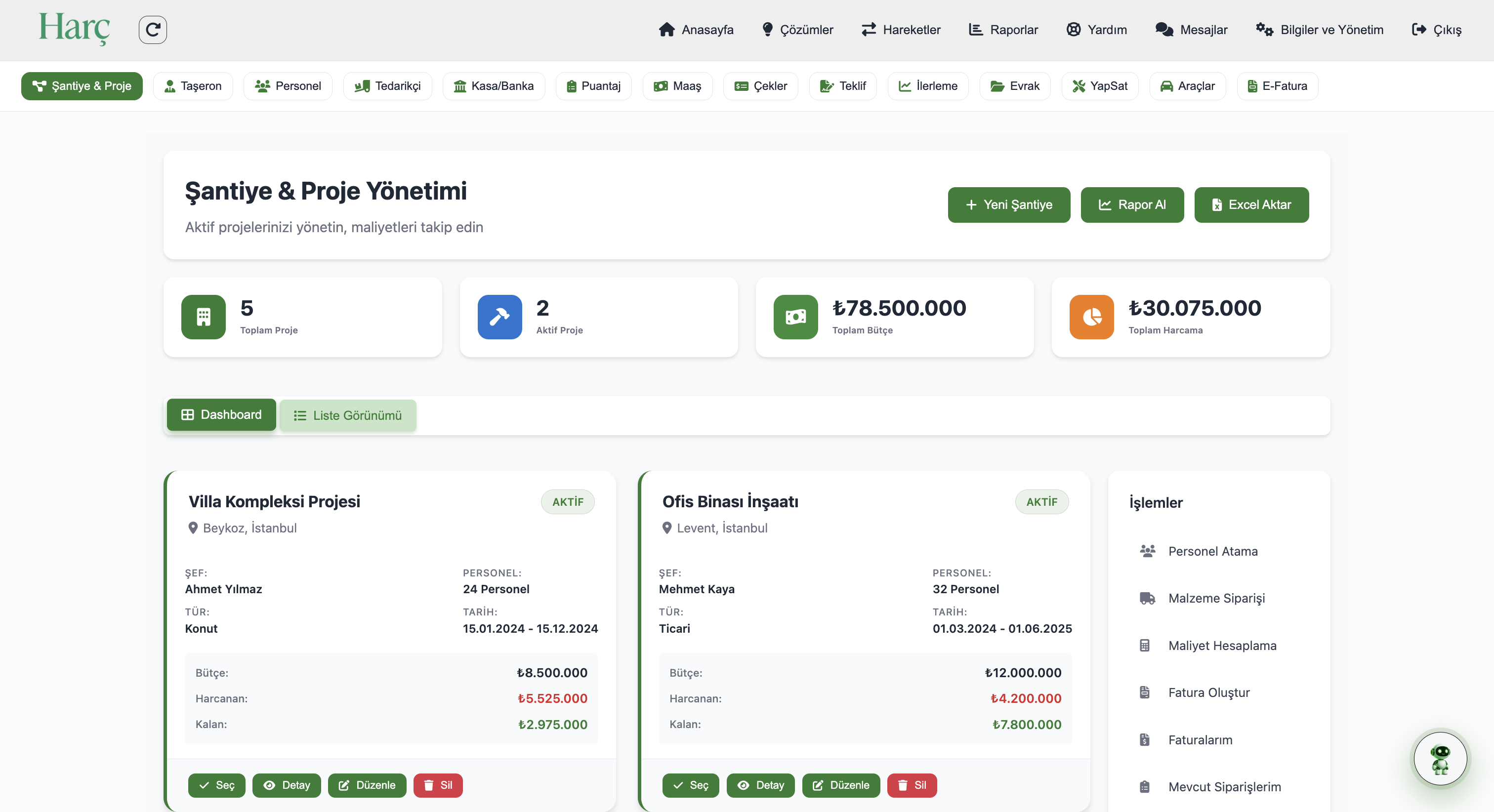 Harç İnşaat Muhasebe Yazılımı - Ana Dashboard Ekranı - OCR Fatura Okuma ve Hakediş Takibi